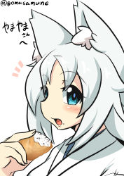 Rule 34 | 1girl, absurdres, animal ears, blue eyes, commentary request, commission, fang, food, food on face, fox ears, goma (gomasamune), highres, holding, holding food, inarizushi, looking at viewer, open mouth, original, pixiv commission, rice, short hair, solo, sushi, twitter username, upper body, white hair