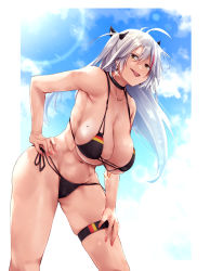 Rule 34 | 1girl, antenna hair, azur lane, bikini, black bikini, black choker, blue sky, breasts, choker, cleavage, day, earrings, flag print, from below, german flag, german flag bikini, hand on own hip, highres, jewelry, large breasts, leaning forward, mole, mole on breast, multicolored hair, oriue wato, outdoors, prinz eugen (azur lane), prinz eugen (unfading smile) (azur lane), red hair, sagging breasts, side-tie bikini bottom, silver hair, sky, solo, streaked hair, swimsuit, thigh strap, tongue, tongue out, two-tone hair, yellow eyes