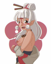 Rule 34 | 1girl, blush, breasts, breasts out, embarrassed, hyrule warriors: age of calamity, looking at viewer, nintendo, paya (zelda), solo, the legend of zelda, the legend of zelda: breath of the wild, topless, white hair