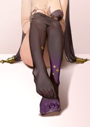 Rule 34 | 1girl, black hair, black pantyhose, breasts, cleavage, clothes pull, commentary, convenient leg, facing viewer, foot focus, foreshortening, genshin impact, gradient legwear, highres, long hair, lower body, medium breasts, midfinger, mona (genshin impact), no shoes, pantyhose, pantyhose pull, purple pantyhose, sitting, solo, twintails, two-tone legwear, undressing