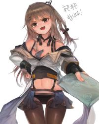Rule 34 | 1girl, :3, :d, bad id, bad pixiv id, bare shoulders, between breasts, black gloves, black panties, black pantyhose, breasts, brown eyes, brown hair, cleavage, collarbone, commentary request, cowboy shot, dokomon, dot nose, fingerless gloves, furrowed brow, girls&#039; frontline, gloves, hair ornament, hairclip, hand on own hip, head tilt, holding, incoming gift, k2 (girls&#039; frontline), korean commentary, korean text, long hair, long sleeves, looking at viewer, medium breasts, navel, open mouth, outstretched arm, panties, panties under pantyhose, pantyhose, pov, shiny skin, simple background, smile, solo, standing, stomach, thigh gap, thighband pantyhose, translation request, underwear, v-shaped eyebrows, white background