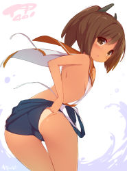 Rule 34 | 10s, 1girl, ass, breasts, brown eyes, brown hair, clothes pull, highres, i-401 (kancolle), kantai collection, one-piece swimsuit, one-piece swimsuit pull, ponytail, sideboob, small breasts, solo, swimsuit, tan, tanline, thigh gap, watanon (gakushokutei)