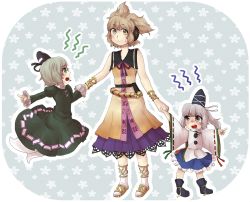 Rule 34 | 3girls, arguing, blonde hair, blue eyes, boots, chibi, child, dress, female focus, frilled dress, frills, ghost, ghost tail, green dress, green eyes, green hair, hand grab, hat, headphones, holding hands, japanese clothes, mononobe no futo, multiple girls, multiple tails, open mouth, outstretched arms, pointing, ponytail, safuyu, shirt, shoes, short hair, silver hair, skirt, sleeveless, sleeveless shirt, soga no tojiko, sweatdrop, tail, tate eboshi, tears, touhou, toyosatomimi no miko, wide sleeves, aged down