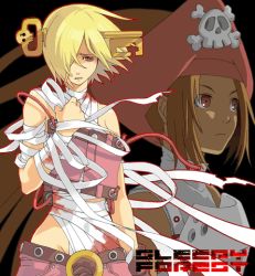 Rule 34 | 2girls, a.b.a, arc system works, bandages, blonde hair, blood, guilty gear, hair ornament, hat, homunculus, key, key in head, may (guilty gear), multiple girls, object through head, orange eyes, pink hat, pirate, short hair, skull, skull and crossbones