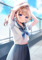 Rule 34 | 1girl, arms up, bad id, bad pixiv id, black sailor collar, black skirt, blue neckerchief, blurry, blurry background, blush, brown hair, chain-link fence, closed mouth, commentary, day, depth of field, fence, highres, long hair, looking at viewer, midriff peek, minami saki, neckerchief, original, outdoors, pleated skirt, ponytail, purple eyes, rooftop, sailor collar, school uniform, serafuku, shirt, short sleeves, skirt, smile, solo, symbol-only commentary, tying hair, white shirt