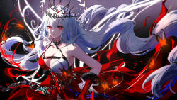 Rule 34 | 1girl, arknights, bare shoulders, breasts, cleavage, commentary request, cowboy shot, crown, dress, elbow gloves, floating hair, fur-trimmed gloves, fur trim, gloves, highres, large breasts, liu liaoliao, long hair, looking at viewer, official alternate costume, parted lips, red dress, red eyes, red gloves, signature, skadi (arknights), skadi the corrupting heart (arknights), skadi the corrupting heart (red countress) (arknights), solo, very long hair, white hair