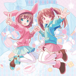 Rule 34 | 2girls, album cover, animal ears, blue eyes, brown hair, cake, candy, cellphone, chaba (hortensia), cookie, cover, cup, fake animal ears, food, fruit, hair bobbles, hair ornament, hat, hat with ears, holding hands, hood, hoodie, indie utaite, jumping, lollipop, long sleeves, looking at viewer, multiple girls, nanahira, open mouth, original, outstretched arm, outstretched hand, pantyhose, phone, pink eyes, rabbit ears, shirt, skirt, smile, strawberry, teacup, teapot, thighhighs, twintails, v, white legwear, zettai ryouiki