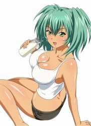 Rule 34 | 1girl, ass, blush, breasts, butt crack, curvy, dark-skinned female, dark skin, female focus, green hair, ikkitousen, large breasts, long hair, looking at viewer, ryofu housen, sitting, smile, solo, tagme, twintails