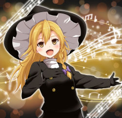 Rule 34 | 1girl, backlighting, black gloves, black hat, blonde hair, blurry, blush, bokeh, brown eyes, cookie (touhou), depth of field, gloves, hair between eyes, hand on own chest, hat, kirisame marisa, long hair, looking at viewer, marine (46586031), music, musical note, open mouth, rei (cookie), singing, smile, solo, staff (music), touhou, witch hat