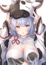 Rule 34 | 1girl, animal ears, blue hair, blush, breasts, catura (granblue fantasy), cow ears, cow girl, granblue fantasy, hat, highres, large breasts, looking at viewer, open mouth, ukiwakisen, yellow eyes