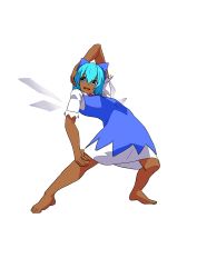 Rule 34 | 1girl, absurdres, annyui (cookie), arm above head, barefoot, blue bow, blue dress, blue eyes, blue hair, bow, breasts, cirno, collared shirt, commentary request, cookie (touhou), dark-skinned female, dark skin, dress, full body, hair between eyes, hair bow, highres, ice, ice wings, leaning back, leftame, looking at viewer, open mouth, pinafore dress, shirt, short hair, short sleeves, simple background, sleeveless dress, small breasts, smile, solo, touhou, transparent background, white shirt, wings