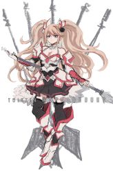 Rule 34 | 1girl, alternate costume, alternate universe, armor, bare shoulders, black skirt, black thighhighs, blonde hair, breasts, cleavage, commentary, criis-chan, danganronpa: trigger happy havoc, danganronpa (series), dress, english commentary, enoshima junko, hair ornament, holding, holding weapon, long hair, medium breasts, simple background, sketch, skirt, smile, thighhighs, twintails, twitter username, weapon, white background