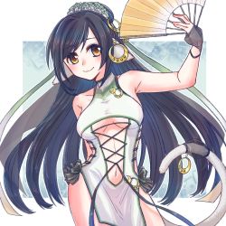 Rule 34 | 1girl, absurdly long hair, animal ears, aquaplus, bare shoulders, black hair, breasts, cat tail, cleavage, closed mouth, collarbone, cowboy shot, gradient eyes, green one-piece swimsuit, hand fan, highres, holding, holding fan, holding weapon, jewelry, kuon (utawarerumono), kuon waves-enticing fan, large breasts, long hair, midriff, multicolored eyes, navel, one-piece swimsuit, orange eyes, ponytail, raised eyebrows, sideboob, sidelocks, sleeveless, smile, solo, standing, swept bangs, swimsuit, tail, tail ornament, thighs, toned, toned female, underboob, utawarerumono, utawarerumono: itsuwari no kamen, utawarerumono: lost flag, veil, very long hair, weapon, white tail, yuri000
