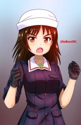 Rule 34 | 1girl, black eyes, black gloves, black hair, blue jacket, clenched hands, commentary, dixie cup hat, frown, girls und panzer, gloves, green shirt, grey background, hat, jacket, long hair, long sleeves, looking at viewer, military, military hat, military uniform, murakami (girls und panzer), ooarai military uniform, open mouth, redbaron, shirt, sleeves rolled up, solo, twitter username, uniform, upper body, white hat