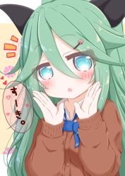 Rule 34 | 1girl, :o, black ribbon, blue bow, blue eyes, blush, bow, brown cardigan, cardigan, collared shirt, commentary request, flower, green hair, hair between eyes, hair flower, hair ornament, hair ribbon, hairclip, hands up, high ponytail, highres, kantai collection, long hair, long sleeves, looking at viewer, notice lines, parted lips, pink flower, ponytail, ribbon, ridy (ri sui), shirt, sleeves past wrists, solo, translation request, white shirt, yamakaze (kancolle)