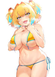 Rule 34 | 1girl, aqua hair, backlighting, bangs, bare shoulders, bikini, blonde hair, blush, bombergirl, breasts, cameltoe, cowboy shot, eyebrows visible through hair, fang, grenade hair ornament, groin, hands up, heavy breathing, highres, ikuchan kaoru, index finger raised, large breasts, legs together, looking at viewer, multicolored hair, naughty face, navel, pine (bombergirl), raised eyebrows, revision, short hair, side-tie bikini, simple background, smile, solo, swimsuit, symbol-shaped pupils, thighs, two-tone hair, two side up, untied, untied bikini, white background, yellow bikini