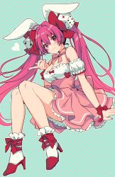 Rule 34 | 1girl, animal ears, arm support, blue background, blush, bow, breasts, cleavage, commentary request, detached sleeves, di gi charat, dice, dice hair ornament, frilled skirt, frills, fujisaki (hjsk), hair between eyes, hair bow, hair ornament, high heels, highres, long hair, medium breasts, nail polish, pink nails, pink skirt, pleated skirt, polka dot, polka dot background, puffy short sleeves, puffy sleeves, purple hair, rabbit ears, red bow, red eyes, red footwear, shoes, short sleeves, sitting, skirt, socks, solo, twintails, usada hikaru, very long hair, white sleeves, white socks