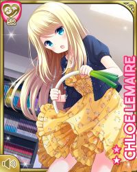 Rule 34 | 1girl, :o, blonde hair, blue eyes, blue jacket, card, character name, chloe lemaire, day, dress, girlfriend (kari), indoors, jacket, long hair, official art, open mouth, qp:flapper, solo, spring onion, standing, tagme, yellow dress