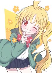 Rule 34 | 1girl, birthday, blonde hair, bocchi the rock!, bow, bowtie, finger to mouth, giorgio (yo sumire sola1), grin, ijichi nijika, looking at viewer, one eye closed, side ponytail, skirt, smile, solo, standing, wink