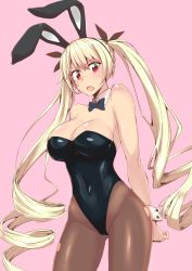 Rule 34 | &gt;:o, 1girl, :o, alternate costume, animal ears, arms behind back, azur lane, bare arms, black bow, black bowtie, black leotard, black ribbon, blonde hair, blush, bow, bowtie, breasts, brown pantyhose, chizuru (chizucoman), cleavage, covered navel, cowboy shot, detached collar, drill hair, embarrassed, fake animal ears, feet out of frame, female focus, hair between eyes, hair ribbon, highres, large breasts, legs, leotard, long hair, looking at viewer, neck, nelson (azur lane), open mouth, pantyhose, pink background, playboy bunny, rabbit ears, red eyes, ribbon, serious, shiny skin, shy, simple background, solo, standing, strapless, strapless leotard, twin drills, twintails, wrist cuffs