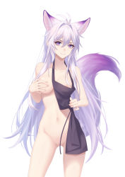 Rule 34 | 1girl, absurdres, animal ear fluff, animal ears, antenna hair, apron, areola slip, bad id, bad pixiv id, bare shoulders, breasts, closed mouth, collarbone, convenient censoring, extra ears, fox ears, fox girl, fox tail, grey hair, groin, hair between eyes, hair intakes, highres, kirby d a, long hair, looking at viewer, naked apron, navel, original, purple eyes, simple background, smile, solo, tail, very long hair, white hair