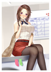 1girl, :p, absurdres, bangs, bare arms, bare shoulders, belt, between fingers, black legwear, blurry, blush, border, braid, breasts, brown hair, cigarette, depth of field, desk, hand on own thigh, hand up, highres, holding, holding cigarette, indoors, knees together feet apart, linsuan er qing an, looking at viewer, medium breasts, office, office lady, on desk, original, pantyhose, parted bangs, pencil skirt, purple eyes, red skirt, ribbed sweater, sitting, skirt, sleeveless sweater, smoking, solo, sweater, tongue, tongue out, turtleneck, turtleneck sweater, twin braids, whiteboard