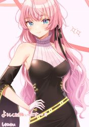 Rule 34 | 1girl, absurdres, armpits, bare shoulders, black sleeves, blue eyes, blush, collarbone, commentary, detached sleeves, dress, gloves, hair ornament, half gloves, hands on own hips, highres, long hair, looking at viewer, megurine luka, miku symphony (vocaloid), pink background, pink hair, shigure ui, simple background, sleeveless, sleeveless dress, smile, solo, sparkle, translated, very long hair, vocaloid, white gloves