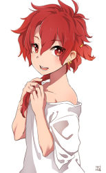 Rule 34 | 1boy, alexander (fate), blush, braid, earrings, fate/grand order, fate (series), jewelry, kawasemi (pocorit), long hair, looking at viewer, male focus, red eyes, red hair, simple background, single braid, smile, solo, white background