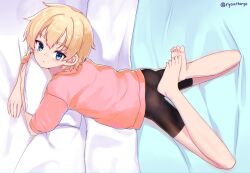 Rule 34 | 1girl, ass, barefoot, bike shorts, blonde hair, chromatic aberration, feet, female focus, full body, highres, iris (ryou@ryou), looking at viewer, looking up, lying, on bed, on stomach, original, paid reward available, pillow, pink shirt, ryou@ryou, shirt, short hair, solo, the pose, toes