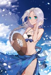 Rule 34 | 1girl, adapted costume, bikini, blue eyes, blue sarong, blue sky, braid, breasts, brown hat, cleavage, cloud, collarbone, day, hair tie, hat, highres, kantai collection, kocona, long hair, looking at viewer, medium breasts, mole, mole under eye, multicolored bikini, multicolored clothes, navel, outdoors, parted bangs, petals, sarong, silver hair, single braid, sky, solo, straw hat, sun hat, swimsuit, twitter username, umikaze (kancolle), unworn hat, unworn headwear, very long hair