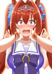 Rule 34 | 1girl, animal ears, bow, breasts, brown hair, collarbone, commentary request, daiwa scarlet (umamusume), fang, hair between eyes, hair bow, hands on another&#039;s face, highres, horse ears, horse girl, horseshoe, horseshoe ornament, large bow, large breasts, long hair, looking at viewer, open mouth, pov, pov hands, purple bow, purple shirt, red bow, red eyes, sailor collar, sailor shirt, school uniform, serafuku, shirt, short sleeves, simple background, solo focus, summer uniform, surprised, tiara, tracen school uniform, umamusume, upper body, very long hair, white background, yukinko (giru1234)