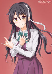 Rule 34 | 1girl, anti (untea9), black hair, blazer, commentary request, cowboy shot, crossed arms, dress, hair down, hairband, halterneck, highres, jacket, kantai collection, long hair, looking at viewer, multicolored hair, naganami (kancolle), naganami kai ni (kancolle), pink hair, red background, school uniform, simple background, smile, solo, twitter username, two-tone hair, wavy hair, white hairband