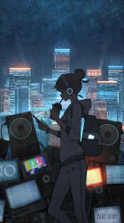 Rule 34 | 1girl, absurdres, backlighting, backpack, bag, black eyes, brown hair, building, cable, cellphone, cityscape, cup, disposable cup, drinking, english text, feet out of frame, from side, glowing, hair bun, headphones, highres, holding, holding cup, holding phone, hood, hood down, hoodie, jitome, long sleeves, night, night sky, original, outdoors, pants, pasoputi, phone, profile, screen light, shooting star, short hair, single hair bun, sky, smartphone, smiley face, solo, speaker, standing, star (sky), starry sky, television, track pants, white hoodie, white pants, wristband