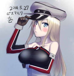 Rule 34 | 10s, 1girl, bare shoulders, bismarck (kancolle), blonde hair, blue eyes, elbow gloves, gloves, h kasei, hat, kantai collection, long hair, personification, solo