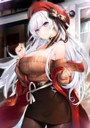 Rule 34 | 1girl, aran sweater, azur lane, bare shoulders, belfast (azur lane), belfast (shopping with the head maid) (azur lane), beret, black skirt, box, breasts, brown pantyhose, brown sweater, cable knit, choker, cleavage, cowboy shot, earrings, food, gift, gift box, hakuishi aoi, hand up, hat, high-waist skirt, highres, holding, holding food, hoop earrings, jewelry, large breasts, long hair, long sleeves, looking at viewer, nail polish, off-shoulder sweater, off shoulder, pantyhose, pencil skirt, pocky, purple eyes, red hat, shawl, skirt, smile, solo, standing, sweater, very long hair, white hair