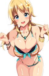 Rule 34 | 1girl, blush, breasts, breasts squeezed together, cleavage, collarbone, hachimiya meguru, hair ornament, highres, idolmaster, idolmaster shiny colors, large breasts, leaning forward, long hair, looking at viewer, navel, open mouth, skirt, smile, solo, teeth, thigh gap, upper teeth only, vright leftv, white background