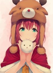 Rule 34 | 10s, 1girl, animal hood, aqua eyes, bad id, bad twitter id, capelet, christmas, fur-trimmed capelet, fur trim, furihata ai, holding, holding stuffed toy, hood, kurosawa ruby, looking at viewer, love live!, love live! sunshine!!, neckerchief, pink background, red hair, reindeer hood, siva (executor), smile, solo, stuffed animal, stuffed toy, tie clip, upper body, voice actor connection