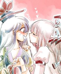 Rule 34 | 2girls, ^^^, arm belt, bad id, bad twitter id, blue hair, blunt bangs, blush, bow, breasts, cleavage, closed eyes, commentary request, constricted pupils, dress, fingernails, from side, fujiwara no mokou, hair bow, hand on another&#039;s shoulder, hand up, hat, heart, highres, imminent kiss, kamishirasawa keine, komaku juushoku, light purple hair, long sleeves, multicolored hair, multiple girls, open mouth, outline, pink background, pointy ears, profile, puffy long sleeves, puffy short sleeves, puffy sleeves, red eyes, ribbon, shirt, short sleeves, sleeveless, sleeveless dress, surprised, sweatdrop, touhou, two-tone hair, upper body, white hair, white shirt, yuri