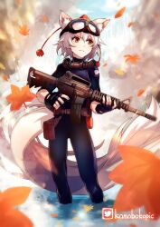 Rule 34 | 1girl, animal ears, assault rifle, autumn leaves, blue bodysuit, blue wetsuit, bodysuit, commission, diving mask, diving mask on head, diving suit, finger on trigger, fingerless gloves, frogman, gloves, goggles, goggles on head, gun, highres, holding, holding weapon, hose, inubashiri momiji, kamabokopic, looking to the side, m4 carbine, magazine (weapon), orange eyes, pouch, rebreather, rifle, scuba, scuba gear, short hair, short sleeves, skeb commission, tail, touhou, twitter username, very long tail, wading, weapon, wetsuit, white hair, wolf ears, wolf tail