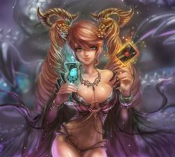 Rule 34 | 1girl, breasts, brown hair, cleavage, female focus, green eyes, horns, jewelry, large breasts, long hair, mail, miyano akihiro, necklace, o-ring, o-ring bottom, o-ring top, original, shiny skin, skull, solo
