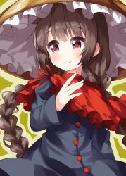 Rule 34 | 1girl, ajirogasa, bandana, black coat, braid, brown hair, buttons, closed mouth, coat, frilled hat, frills, green background, hat, highres, long hair, long sleeves, looking to the side, red bandana, red eyes, ruu (tksymkw), simple background, smile, touhou, twin braids, upper body, yatadera narumi
