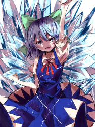 Rule 34 | 1girl, arm up, blue dress, blue eyes, blue hair, blush, bow, breasts, cirno, collared shirt, commentary, dress, fairy wings, flat chest, green bow, hair between eyes, hair bow, highres, ice, ice wings, long dress, looking at viewer, neck ribbon, open mouth, pinafore dress, puffy short sleeves, puffy sleeves, red ribbon, ribbon, shirt, short hair, short sleeves, simple background, sleeveless dress, small breasts, smile, solo, sutaku77224, tongue, touhou, v-shaped eyebrows, white background, white shirt, wings