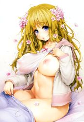 Rule 34 | 1girl, absurdres, blonde hair, blue eyes, blush, breasts, chie (ishikei), clothes lift, clothes pull, comic exe, cum, cum in mouth, flower, hair flower, hair ornament, highres, ishikei, jacket, large breasts, long hair, navel, nipples, no bra, no panties, open mouth, pants, pants pull, saliva, shirt, shirt lift, simple background, sitting, solo, track jacket, white background