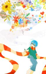 Rule 34 | 1boy, absurdres, blue eyes, blue flower, blue hair, blue pants, blue shirt, bubble, cup, flower, glasses, heart, highres, holding, holding pen, kikatakuji, leaf, pants, paper airplane, pen, plate, red-framed eyewear, red flower, scarf, shirt, solo, striped clothes, striped scarf, teacup, unworn eyewear, unworn shoe, uta wo utau hito (vocaloid), vocaloid, white background, yellow flower
