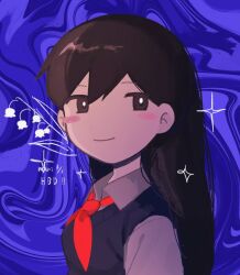 Rule 34 | 1girl, afyewv5, black sweater vest, blush stickers, brown eyes, brown hair, closed mouth, collared shirt, dated, from side, hair between eyes, happy birthday, highres, long hair, looking at viewer, mari (faraway) (omori), mari (omori), neckerchief, omori, red neckerchief, school uniform, shirt, sidelocks, smile, solo, sparkle, straight hair, sweater vest, upper body, white shirt