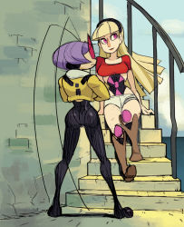 Rule 34 | 2girls, alex ahad, antennae, black torch, blackbody (black torch), blonde hair, bodysuit, boots, breasts, cropped jacket, crossed arms, fallout (black torch), full body, hairband, hime cut, kamina shades, knee boots, knee pads, long hair, multiple girls, nose, pink eyes, purple hair, short hair, shorts, sitting, narrow waist, smile, socks, stairs, sunglasses