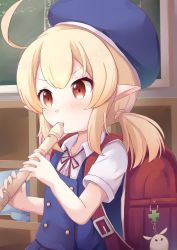Rule 34 | 1girl, absurdres, ahoge, alternate costume, backpack, bag, bag charm, blurry, bow, bowtie, chalkboard, charm (object), classroom, collared shirt, commentary request, depth of field, dodoco (genshin impact), flute, genshin impact, hair between eyes, hat, highres, holding, holding flute, holding instrument, indoors, instrument, klee (genshin impact), light brown hair, long hair, looking down, low twintails, music, nyxerebos, orange eyes, playing instrument, randoseru, recorder, school hat, school uniform, shirt, short sleeves, sidelocks, solo, twintails
