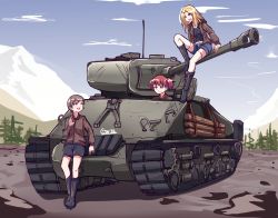 Rule 34 | 10s, absurdres, against object, alisa (girls und panzer), arm support, artist name, black footwear, black shirt, black shorts, blue shorts, boots, brown jacket, closed mouth, commentary, commentary request, day, english commentary, frown, gar32, girls und panzer, highres, jacket, kay (girls und panzer), leaning back, long hair, long sleeves, looking at another, looking back, m4 sherman, military, military uniform, military vehicle, motor vehicle, naomi (girls und panzer), open clothes, open jacket, open mouth, outdoors, saunders military uniform, shirt, short hair, short twintails, shorts, signature, sitting, smile, standing, tank, thighhighs, twintails, uniform, very short hair, waving, white legwear