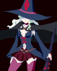 Rule 34 | 1girl, black background, black cape, blonde hair, blue eyes, blue hat, blue sleeves, breasts, cape, choker, cleavage, closed mouth, collarbone, cowboy shot, curly hair, detached sleeves, diana cavendish, frown, hat, hat over one eye, holding, holding staff, little witch academia, long hair, long sleeves, looking at viewer, medium breasts, midriff, miniskirt, navel, pink thighhighs, pleated skirt, red choker, red skirt, satochi, skirt, sleeves past wrists, solo, staff, standing, stomach, strapless, thighhighs, witch, witch hat, zettai ryouiki