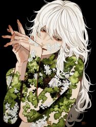 Rule 34 | 1boy, black background, black eyes, closed mouth, fingernails, hands up, highres, kagoya1219, long hair, male focus, original, own hands together, sideways glance, signature, simple background, solo, topless male, upper body, white hair